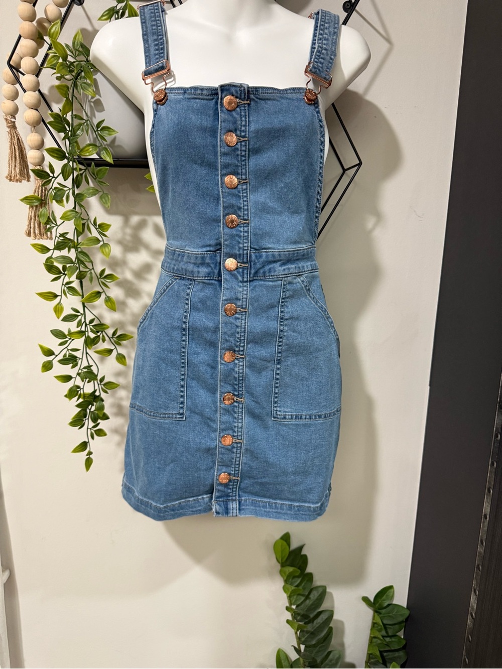 Guess Blue Denim Button-Front Mini Pinafore Dress